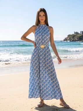 Skemo Blue Patterned Halter Maxi Dress with Shell Belt